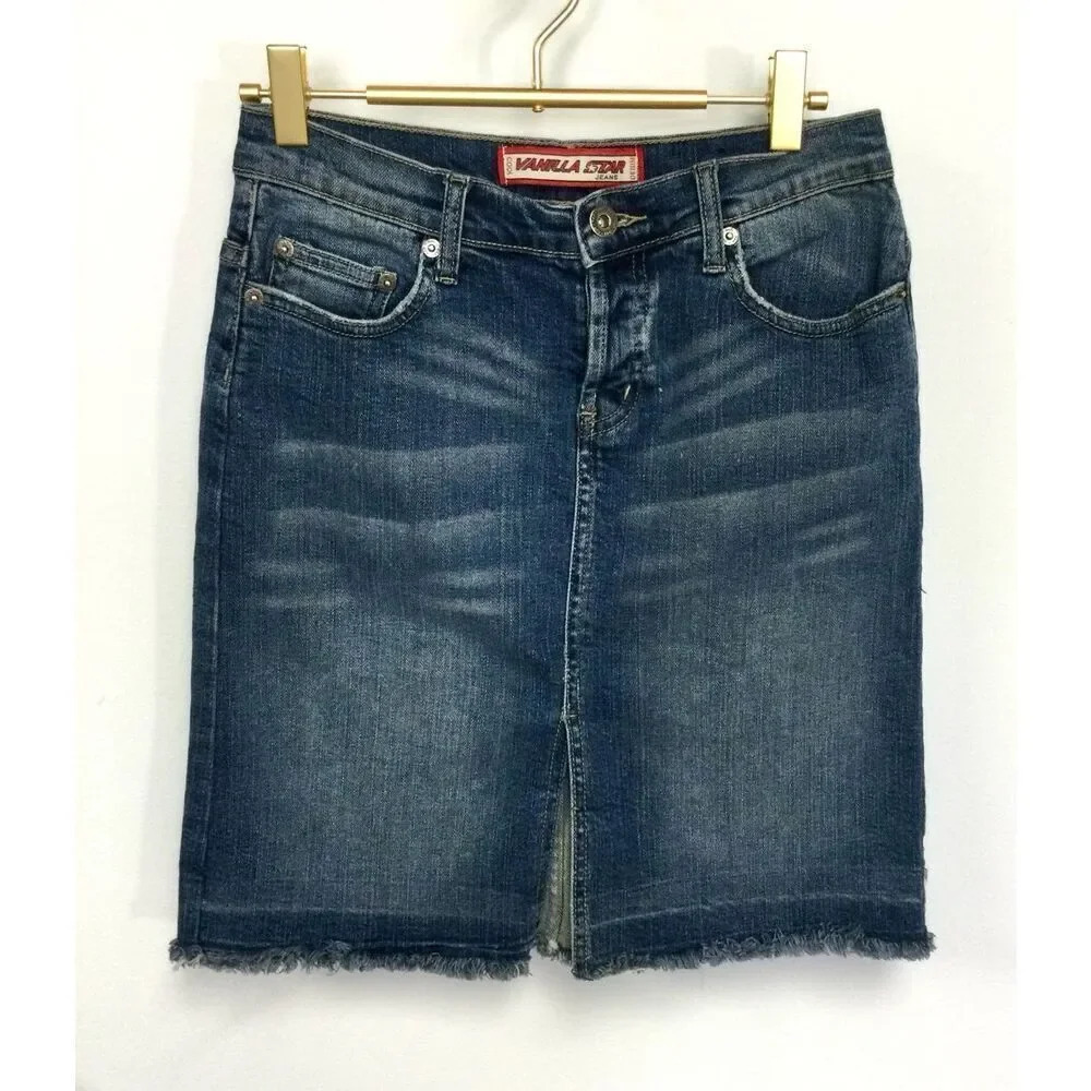 VTG Vanilla Star Womens 7 Denim Mini Skirt‎ Blue Pockets Raw Frayed Hem Stretch